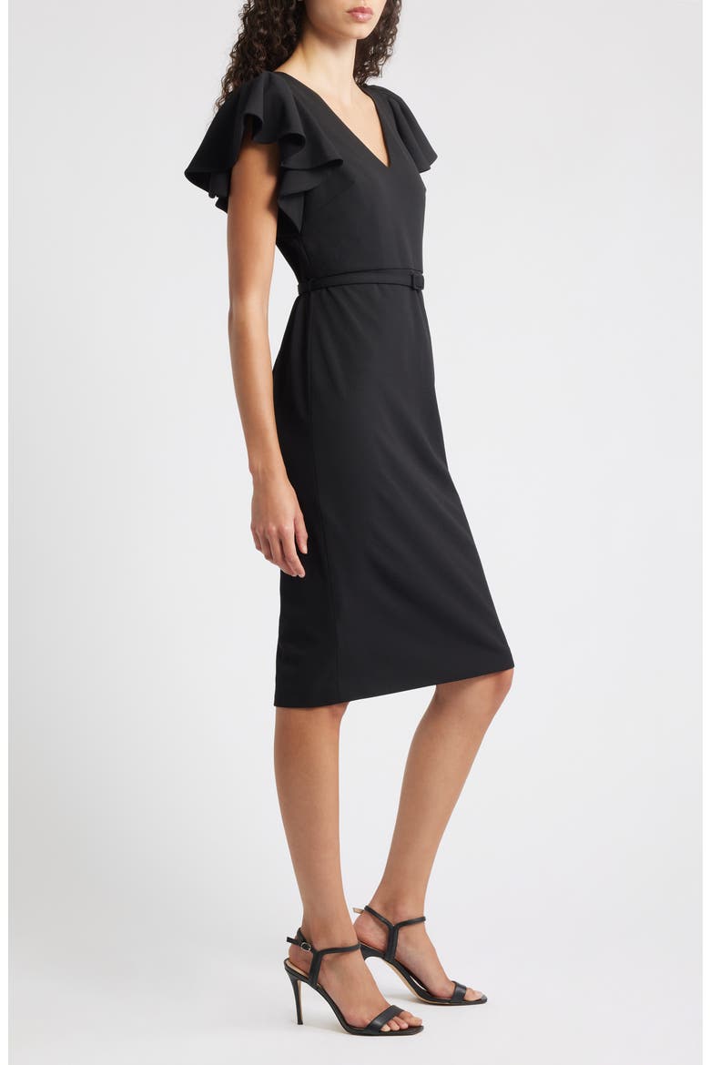 Belted Flutter Sleeve Sheath Dress, Alternate, color, ANNE BLACK
