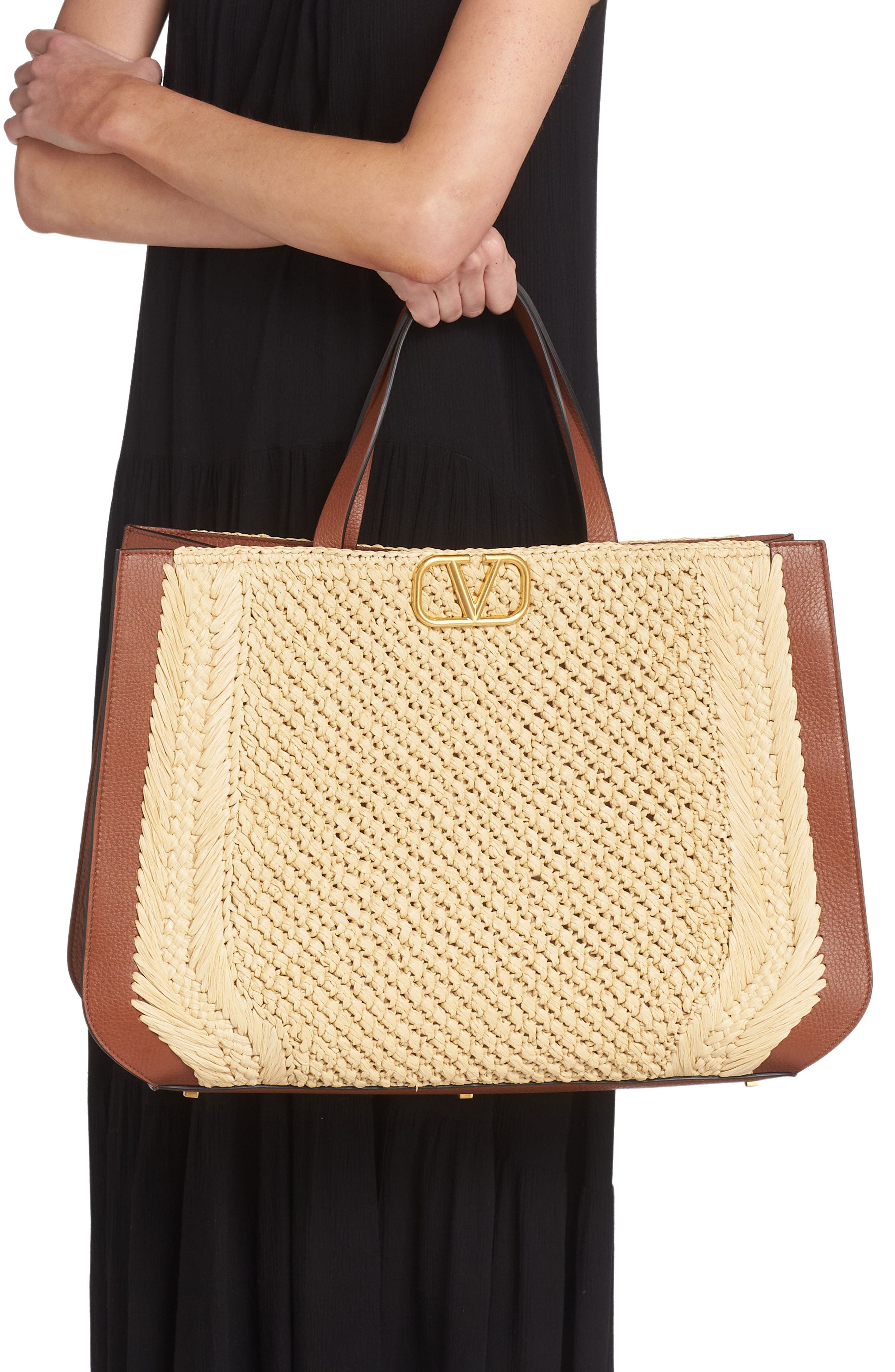 Valentino Garavani VLOGO Woven Raffia & Leather Tote, Alternate, color, 