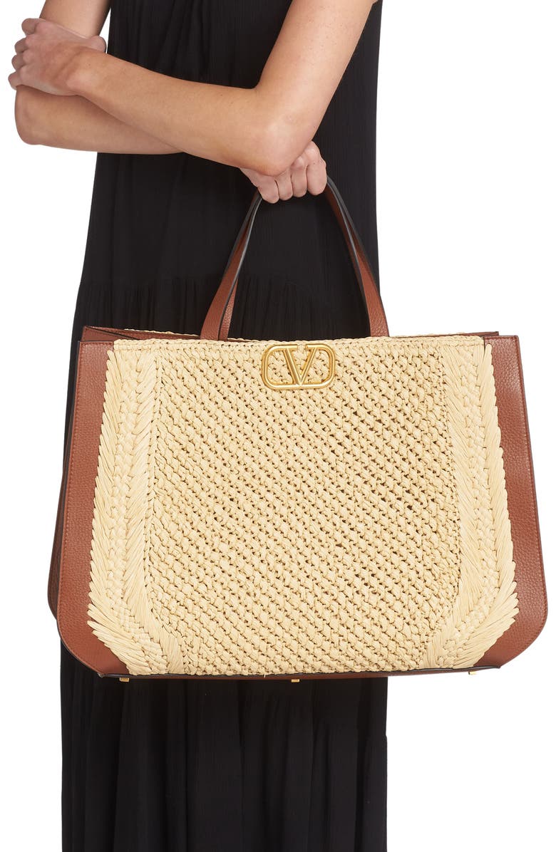 Valentino Garavani VLOGO Woven Raffia & Leather Tote, Alternate, color,