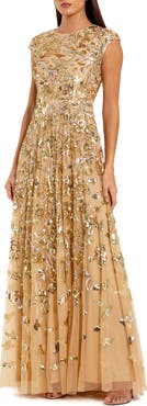 Mac Duggal Sequined High Neck Cap Sleeve A Line Gown
