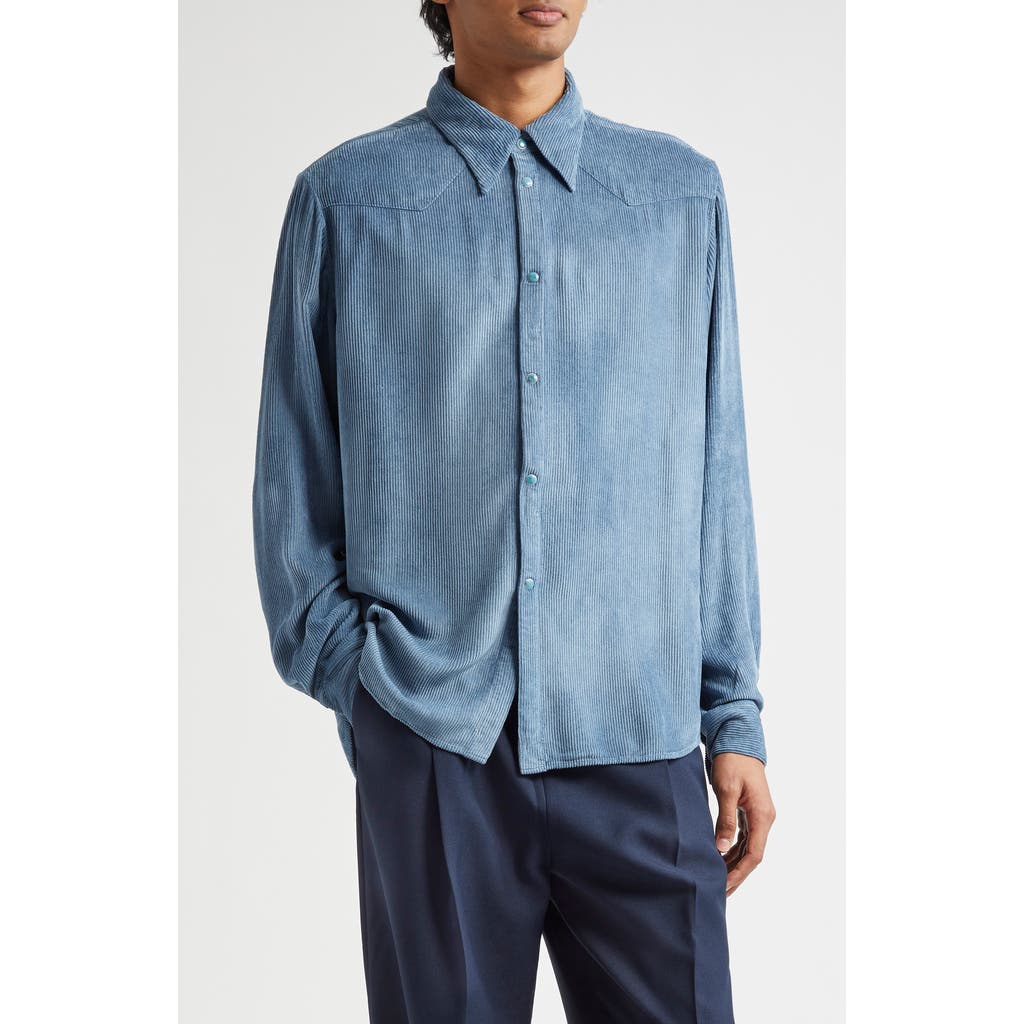 STOCKHOLM SURFBOARD CLUB Prince Corduroy Snap-Up Western Shirt in Whale Blue