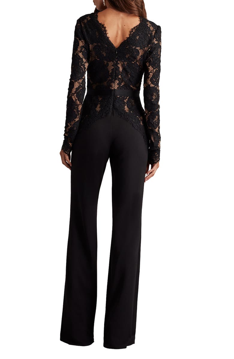 Tadashi Shoji Mixed Media Plunge Neck Long Sleeve Cotton Blend Jumpsuit, Alternate, color, Black/ Beige