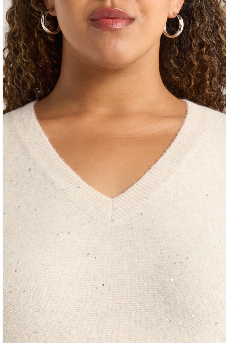 Sequin V-Neck Sweater, Alternate, color, BEIGE OATMEAL LIGHT HEATHER