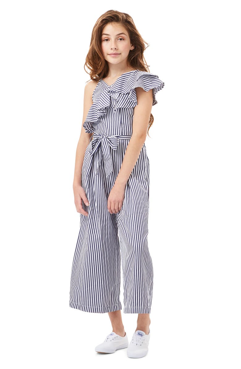 Habitual Girl Stripe Asymmetrical Ruffle Jumpsuit, Alternate, color,
