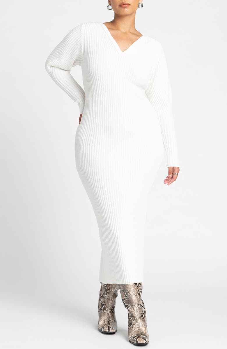 ELOQUII Long Sleeve V-Neck Rib Sweater Dress, Main, color, 