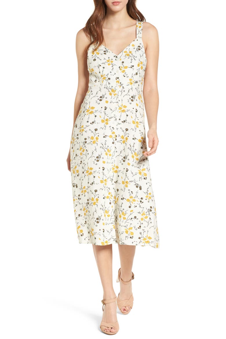 Floral Print Tie Back Midi Dress, Main, color, IVORY EGRET REDUX FLORAL