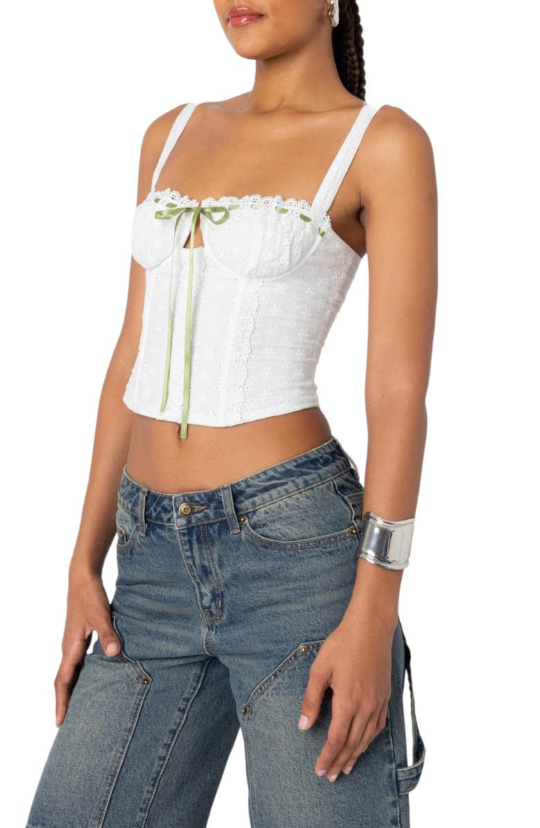 EDIKTED Garden Girl Eyelet Lace Corset Top, Alternate, color, White