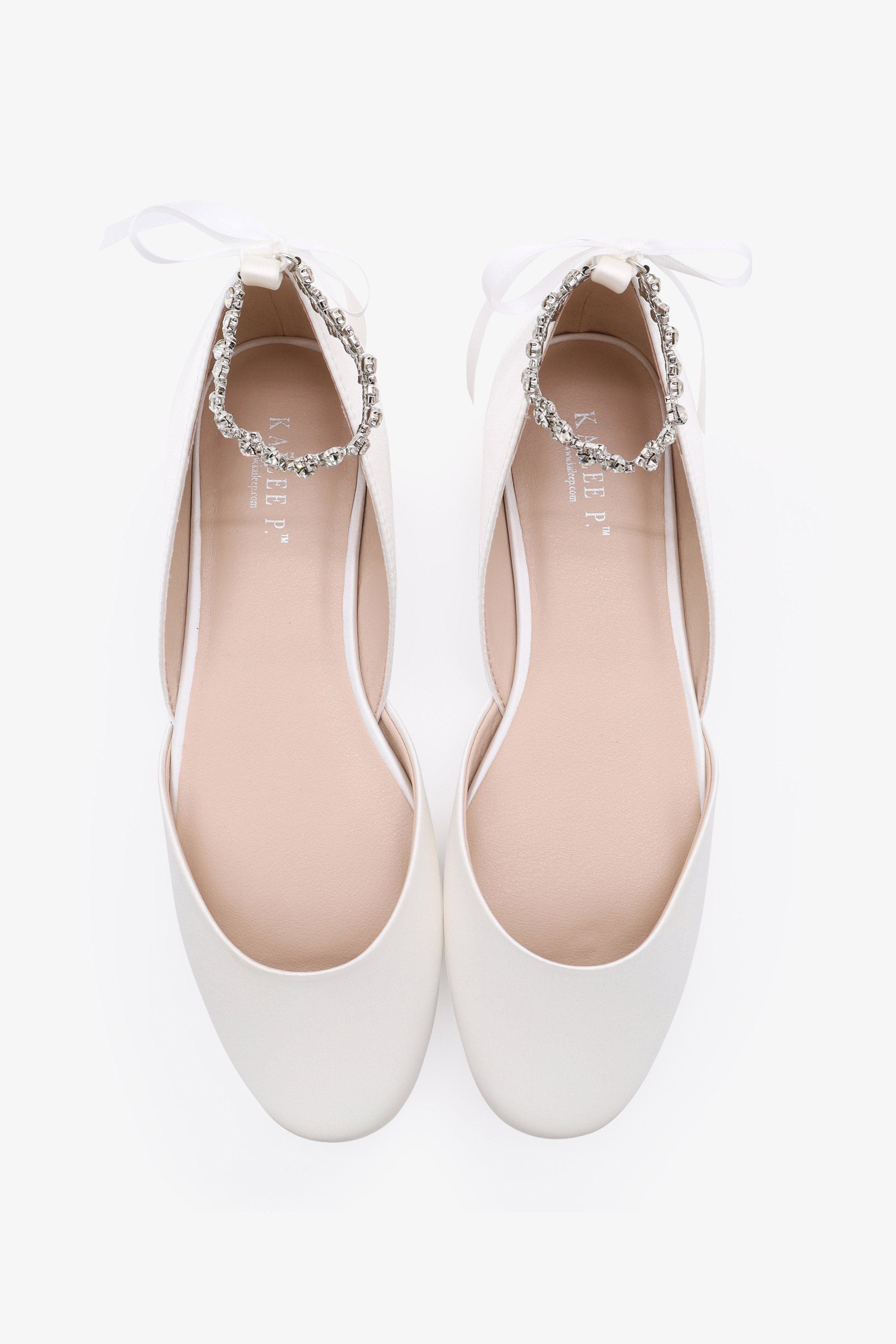 Gloria Satin Round Toe Flat with Amaryllis Strap, Alternate, color, White