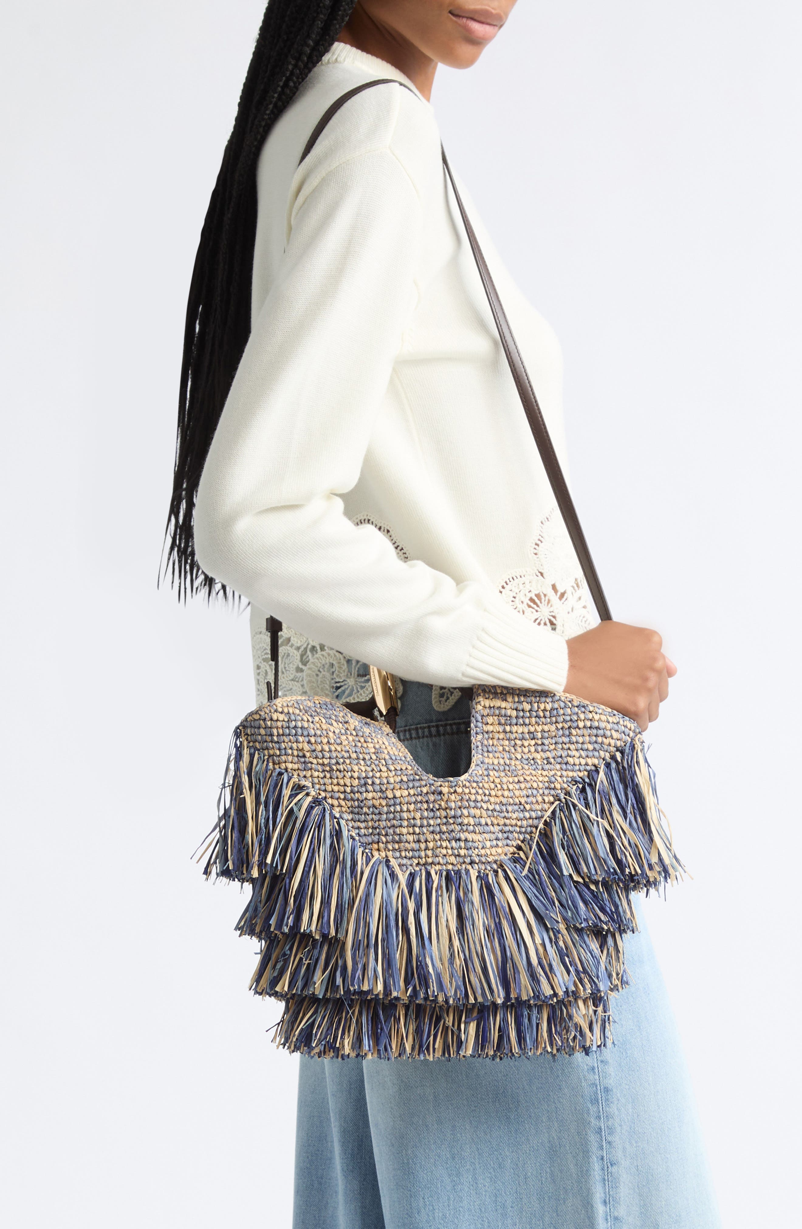 Small Goldentime Fringe Raffia Tote Bag, Alternate, color, DENIM BLUE