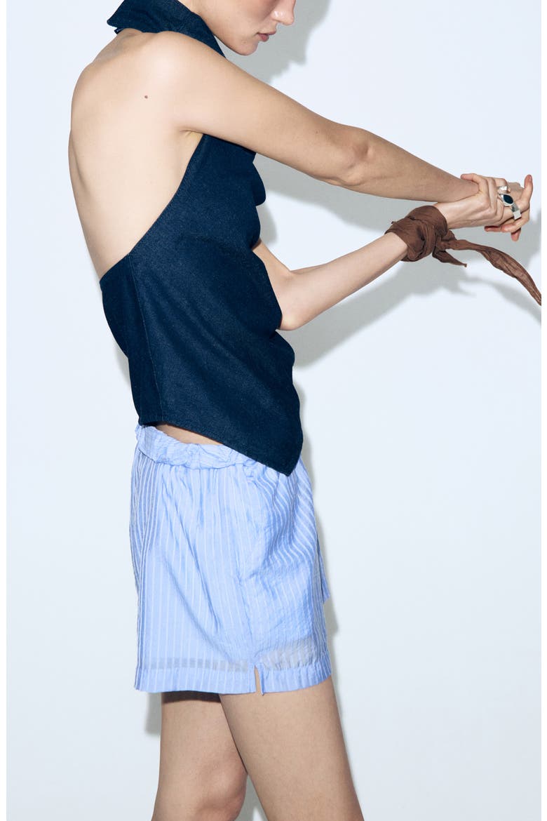 Cowl Halter Neck Open Back Denim Top, Alternate, color, OPEN BLUE
