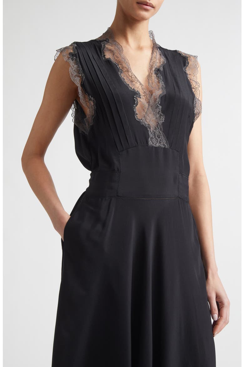 Lace Trim Satin Midi Dress, Alternate, color, BLACK