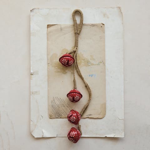 Hand-Painted Iron Sleigh Bells Ornament with Jute Detail