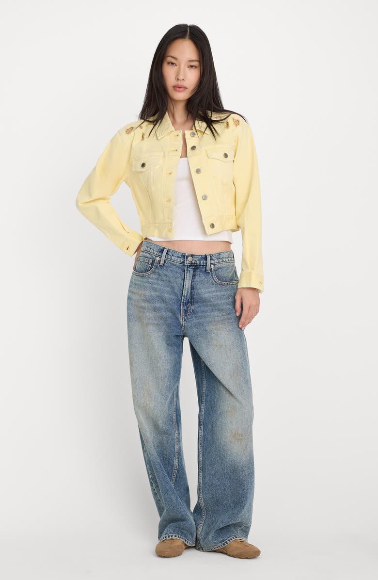 Good American Essential Embroidered Crop Denim Jacket, Alternate, color, Anise Yellow
