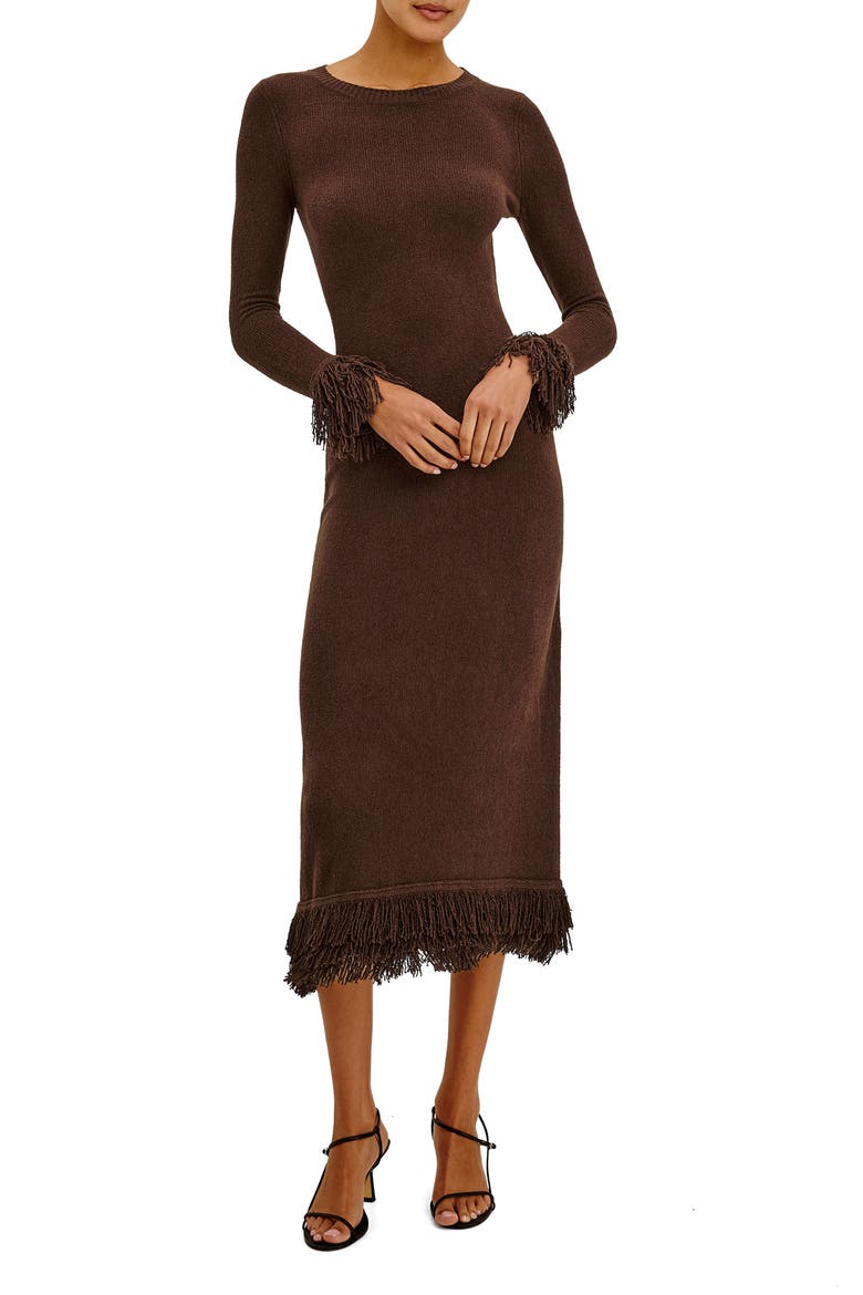 Alejandra Fringe Long Sleeve Midi Dress, Main, color, ESPRESSO
