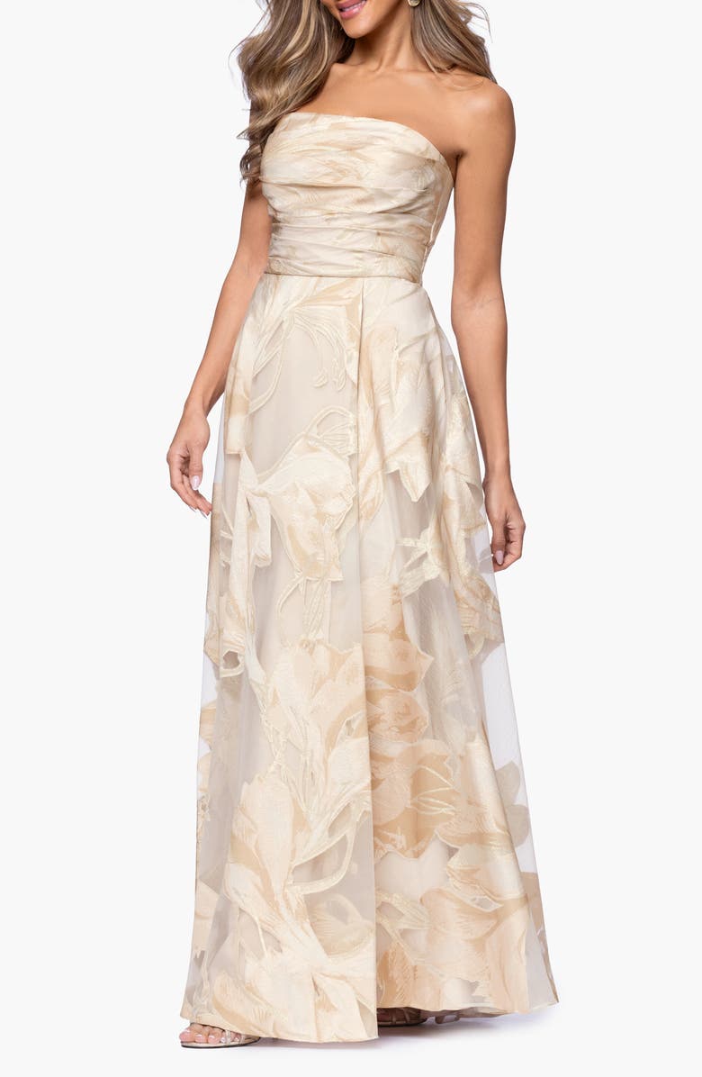 Xscape Evenings Floral Jacquard Strapless Gown, Alternate, color, Blush/ Gold