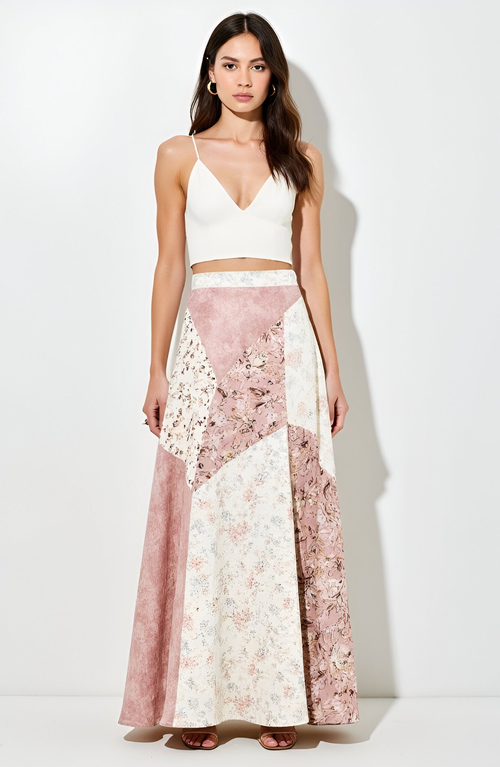 Modenaire Patchwork Floral Chevron Panel Maxi Skirt In Multi