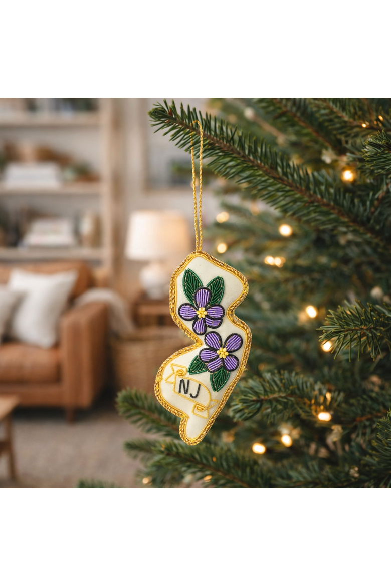 New Jersey State Violet Beaded Fabric Ornament - Embroidered, Alternate, color, Cream