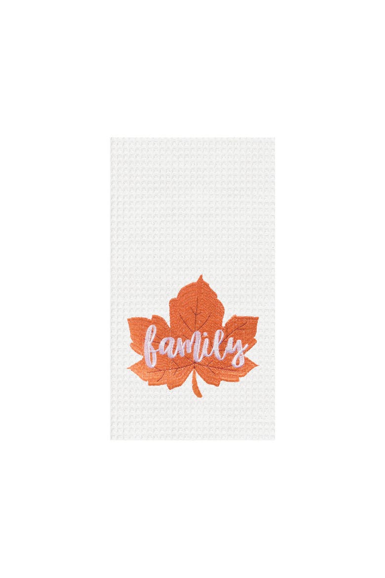"Family" Leaf Embroidered Waffle Weave Kitchen Autumn Dishtowel, Main, color, White