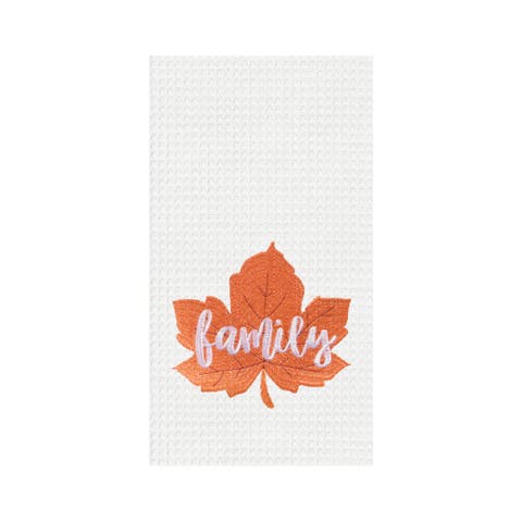 "Family" Leaf Embroidered Waffle Weave Kitchen Autumn Dishtowel