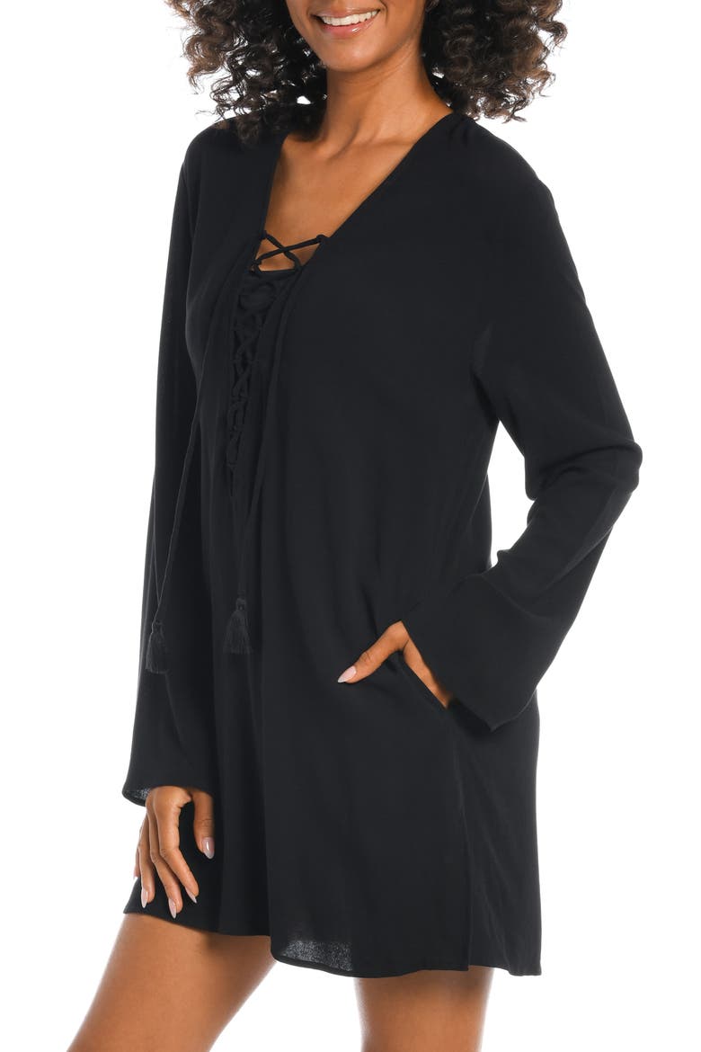 V-Neck Cover-Up Tunic Dress, Alternate, color, BLACK