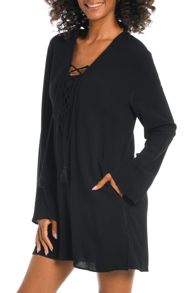 La Blanca V-Neck Cover-Up Tunic Dress, Alternate, color, Black