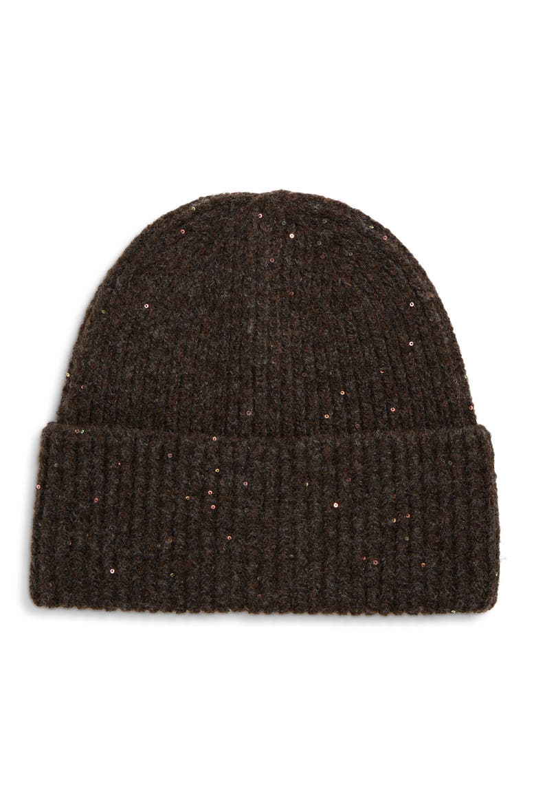 Sequined Rib Knit Beanie, Main, color, BROWN COFFEE