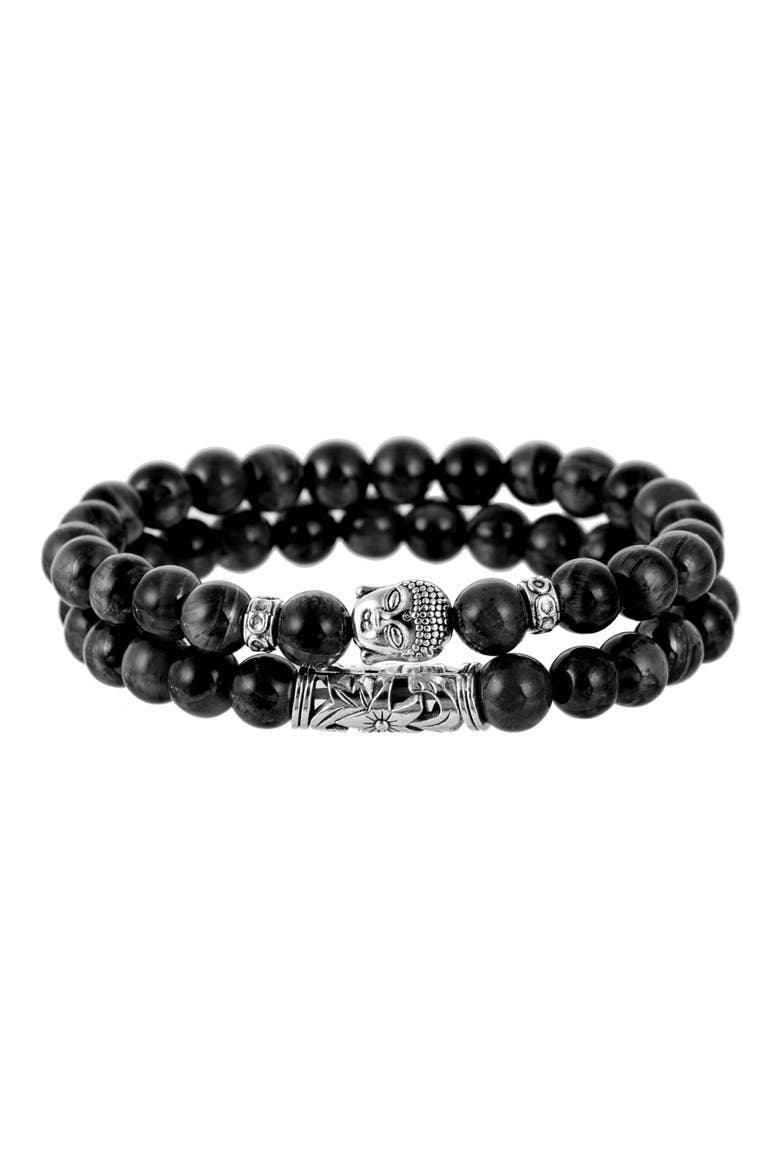 Men's Set of 2 Buddha Beaded Bracelets, Main, color, BLACK