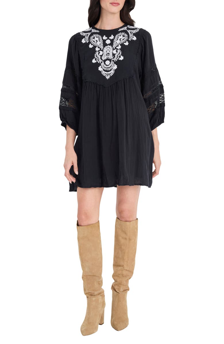 The Good Journey Lace & Embroidery Minidress, Main, color, Black