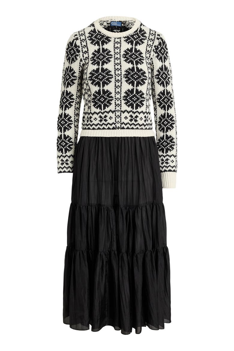 Mixed Media Tiered Long Sleeve Silk Habotai Dress, Main, color, BLACK