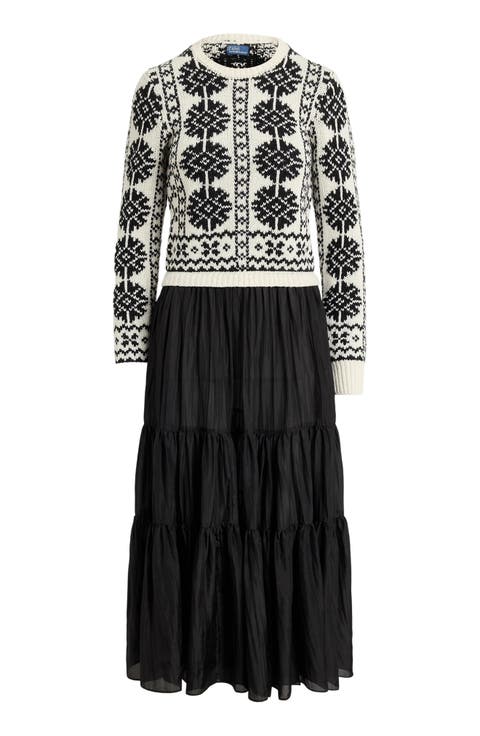 Mixed Media Tiered Long Sleeve Silk Habotai Dress