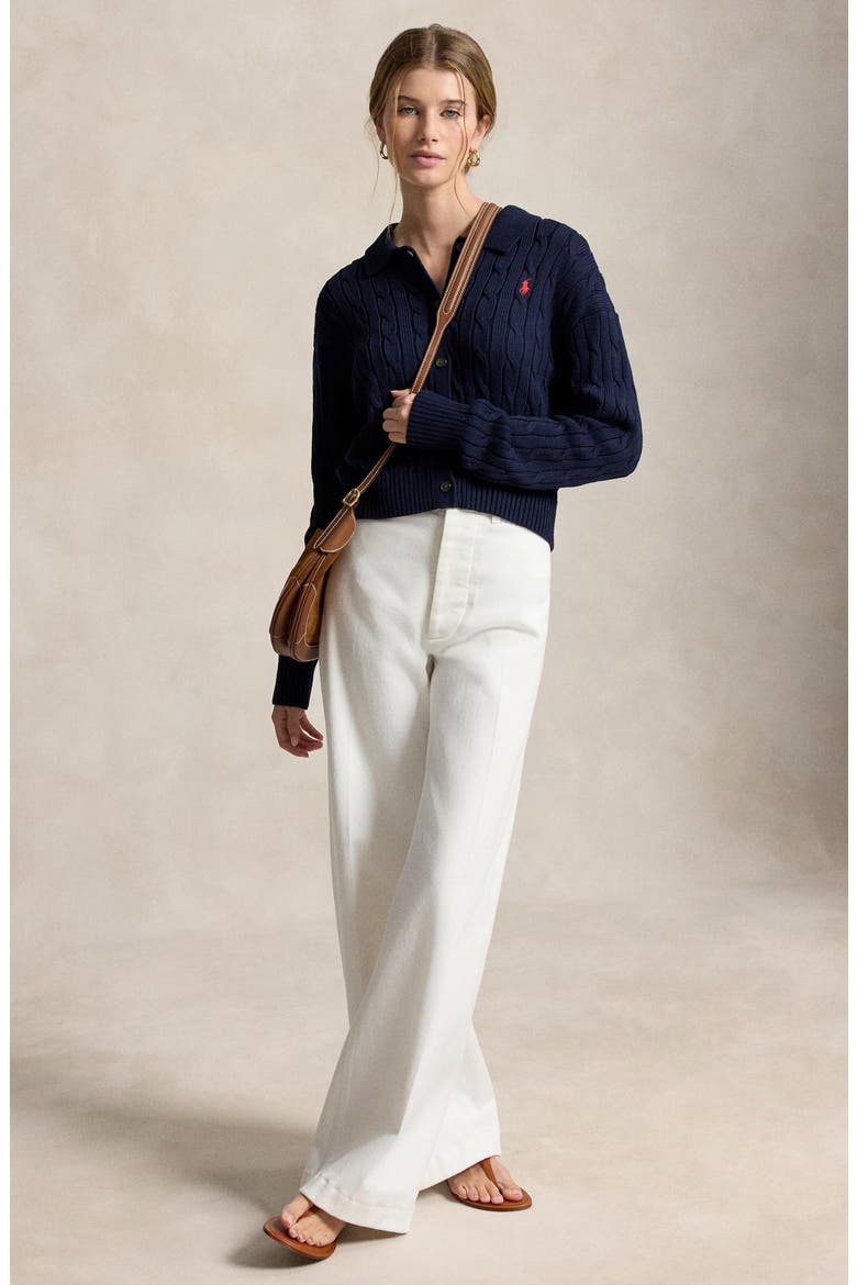 Cable Cotton Polo Collar Cardigan, Alternate, color, HUNTER NAVY