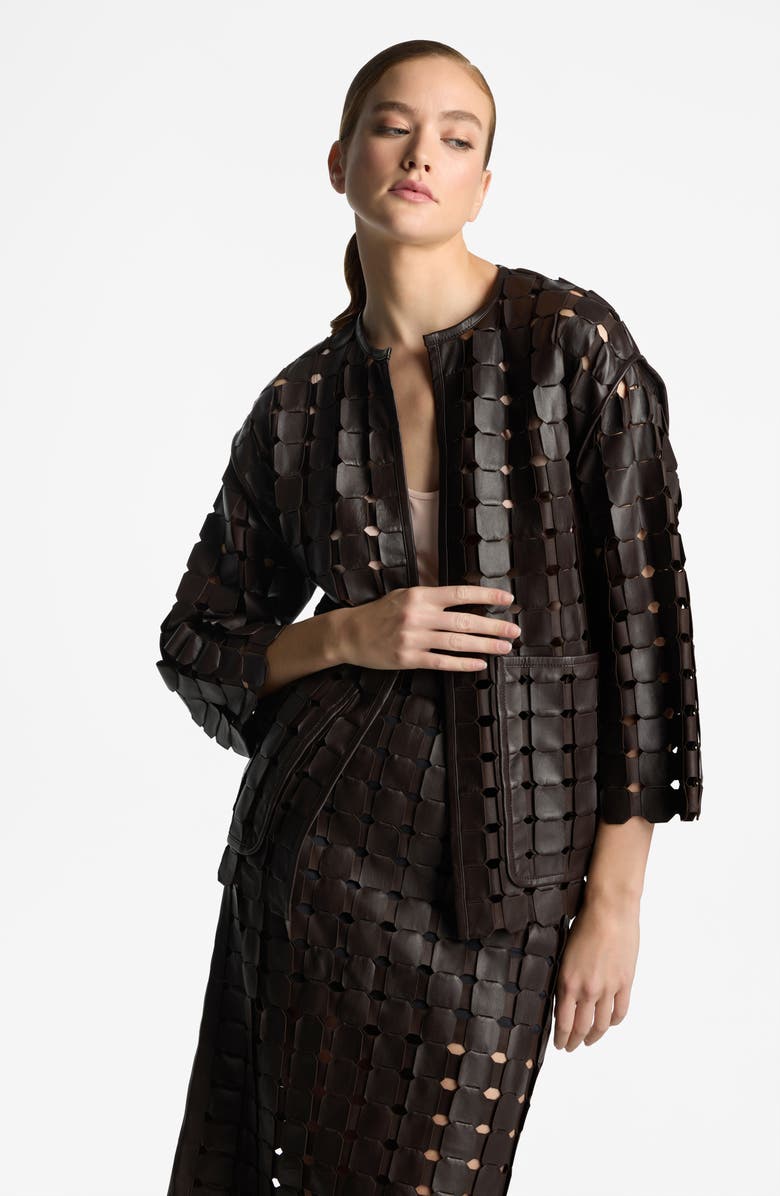 St. John Collection Geometric Woven Leather Jacket, Alternate, color, 