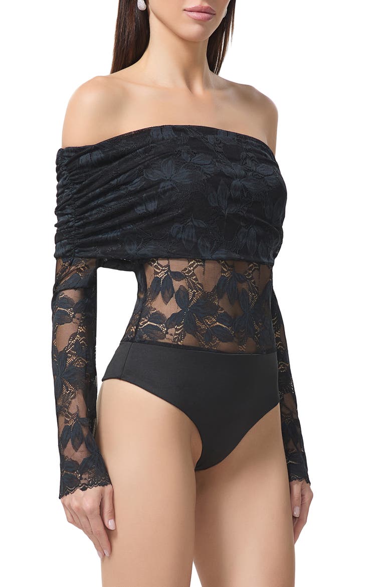 Lennox Ruched Off the Shoulder Lace Bodysuit, Alternate, color, NOIR