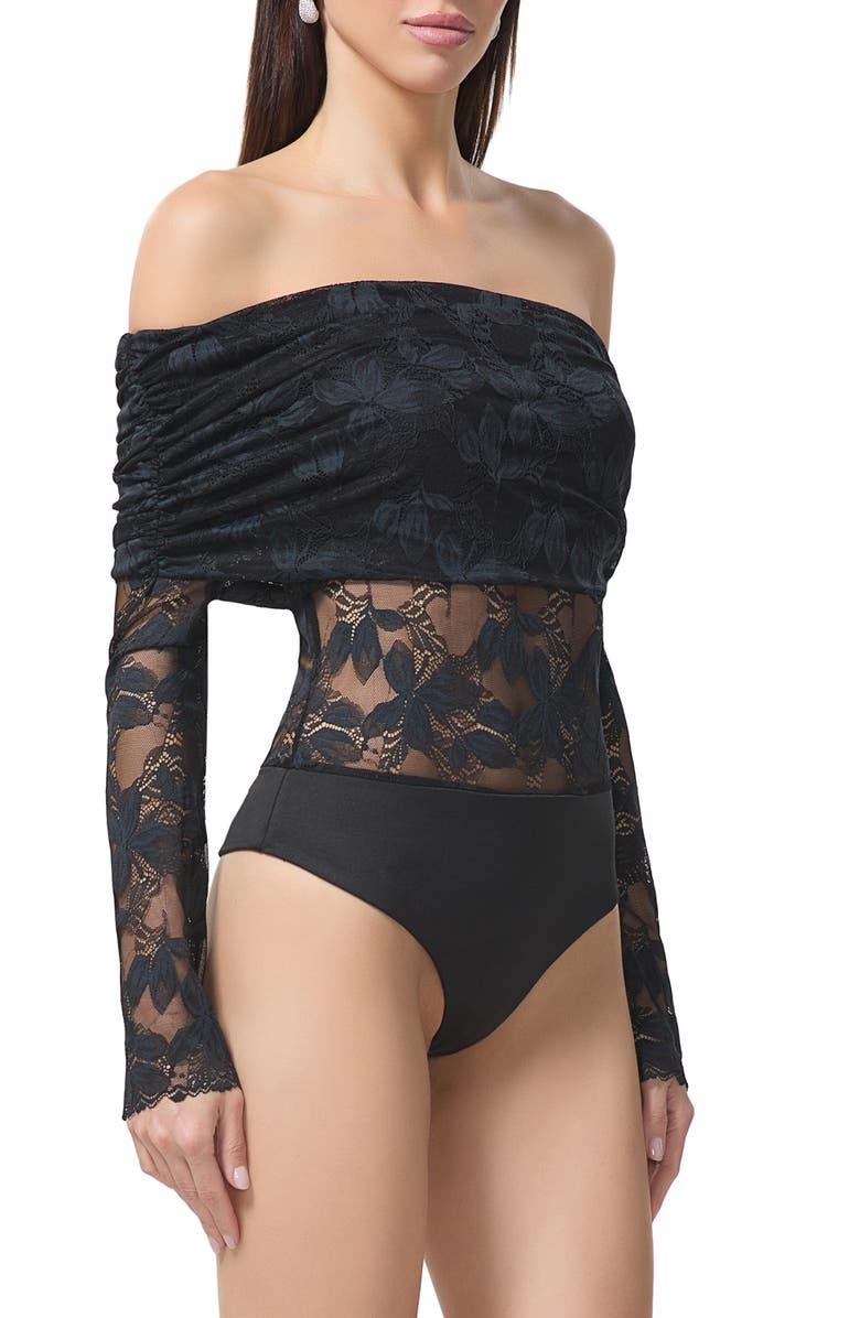 AFRM Lennox Ruched Off the Shoulder Lace Bodysuit, Alternate, color, 