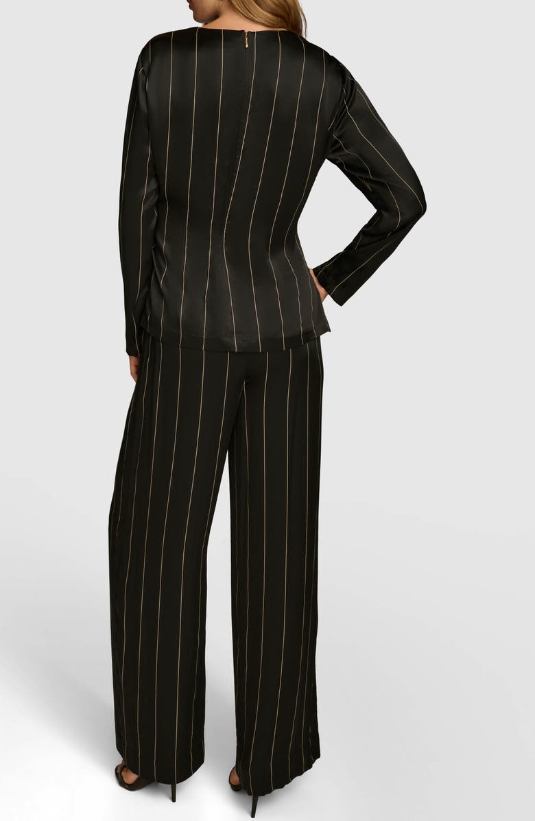 Donna Karan New York Pinstripe Long Sleeve Tie Waist Satin Top, Alternate, color, Black/ Ivory