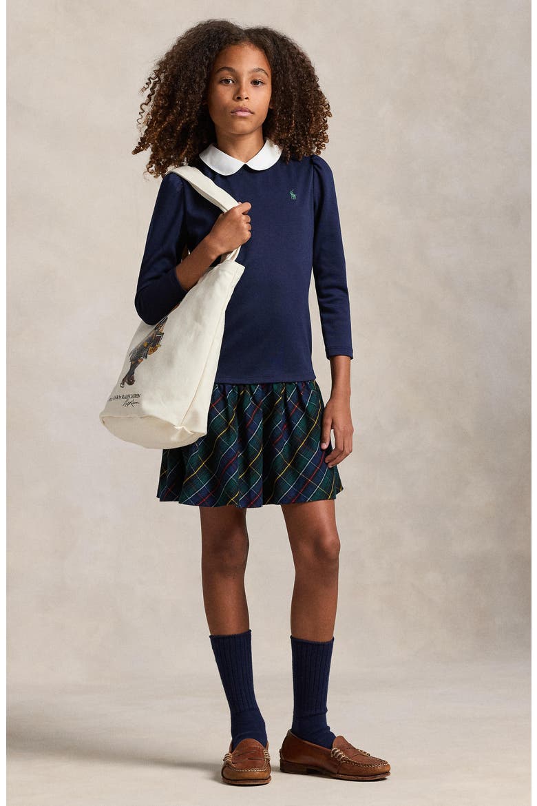 Kids' Long Sleeve Ponte Roma Dress, Alternate, color, NAVY