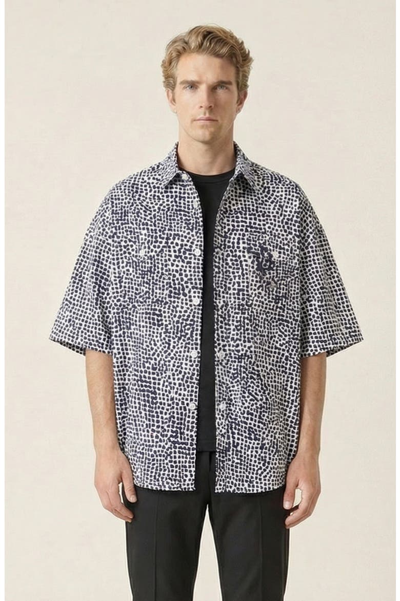 Printed Short Sleeve Chest Pocket Shirt, Main, color, Navy / Off-White