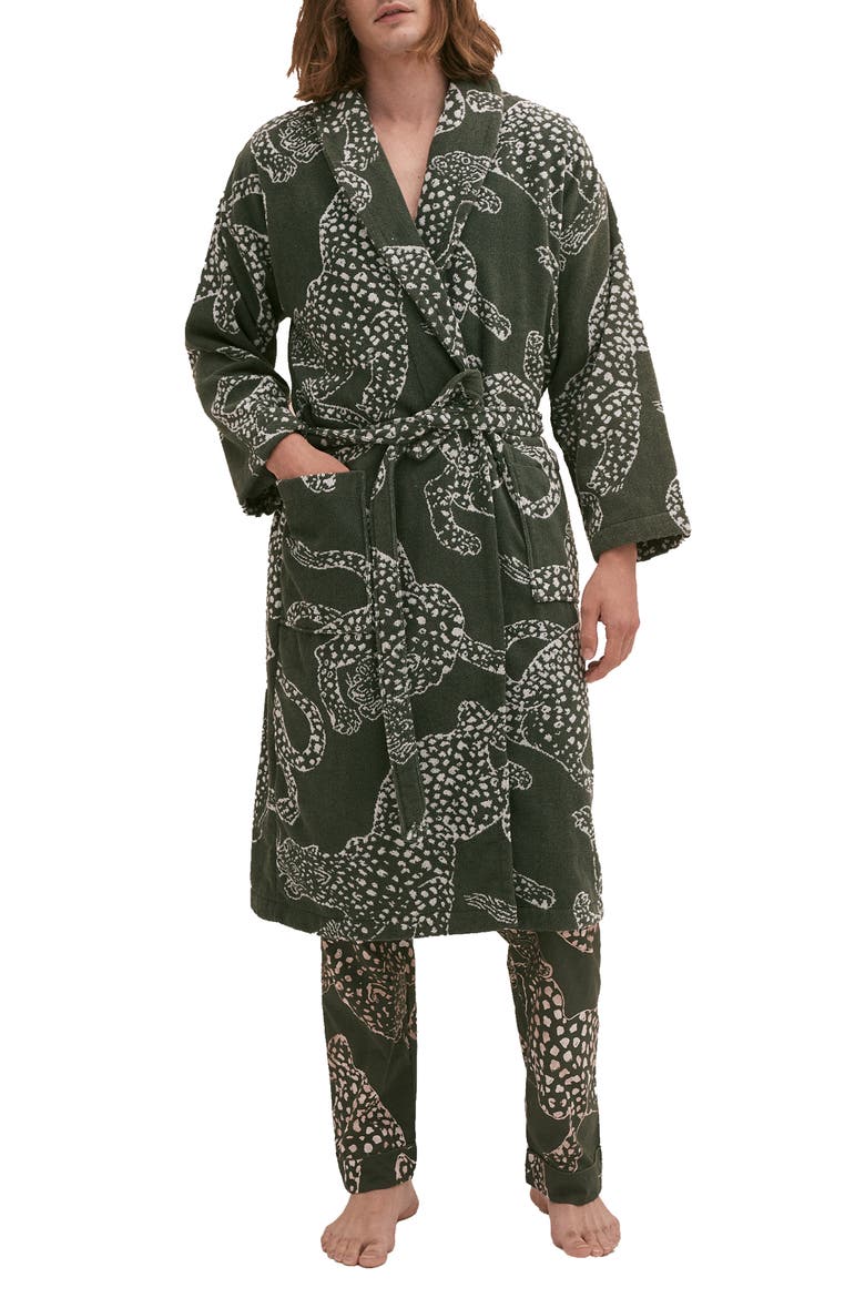 Print Cotton Terry Cloth Robe, Main, color, GREEN