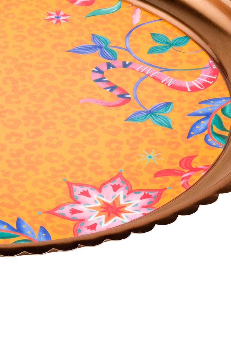 Nanpur Patterned Round Metal Decorative Tray 7X7 In, Alternate, color, Orange