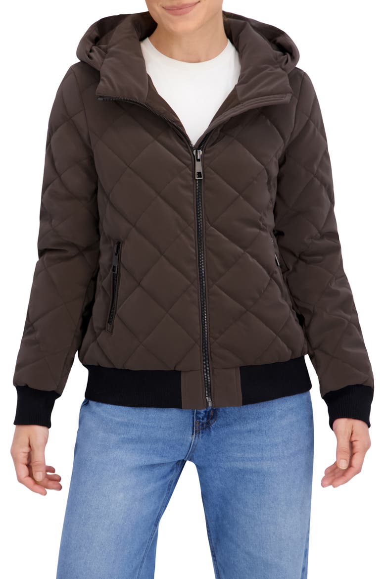 Quilted Hooded Bomber Jacket, Main, color, BROWN