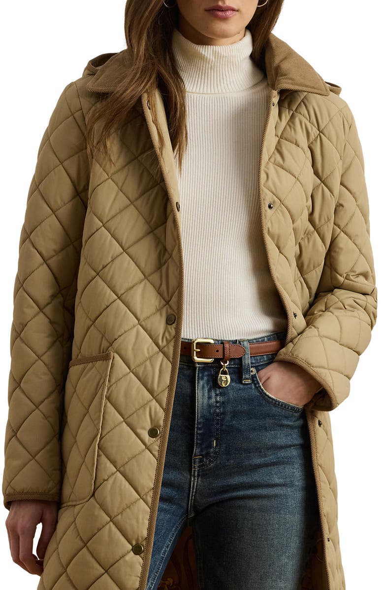 Lauren Ralph Lauren Diamond Quilted Hooded Coat, Alternate, color, Birch Tan