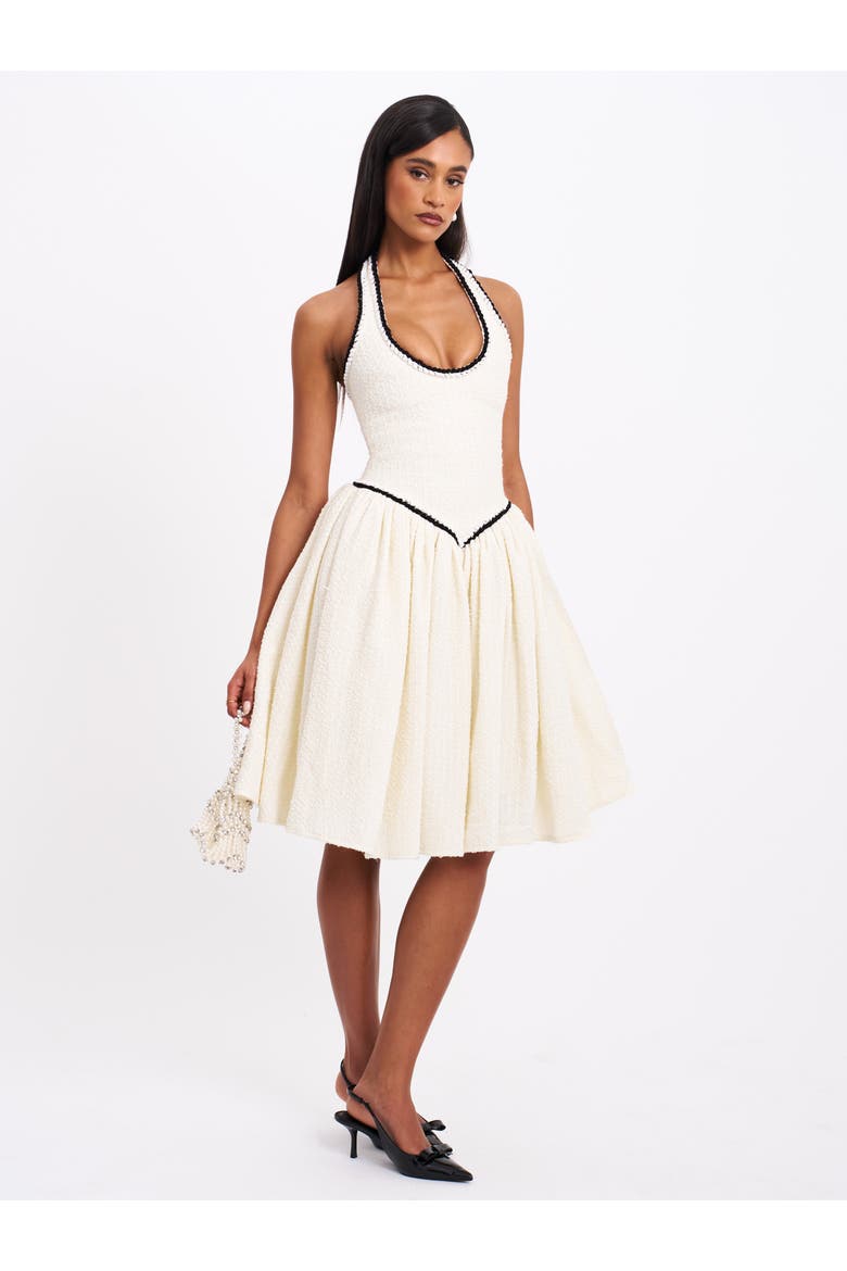 Natalie U Neck Halter Drop Waist Tweed Midi Dress, Main, color, off white