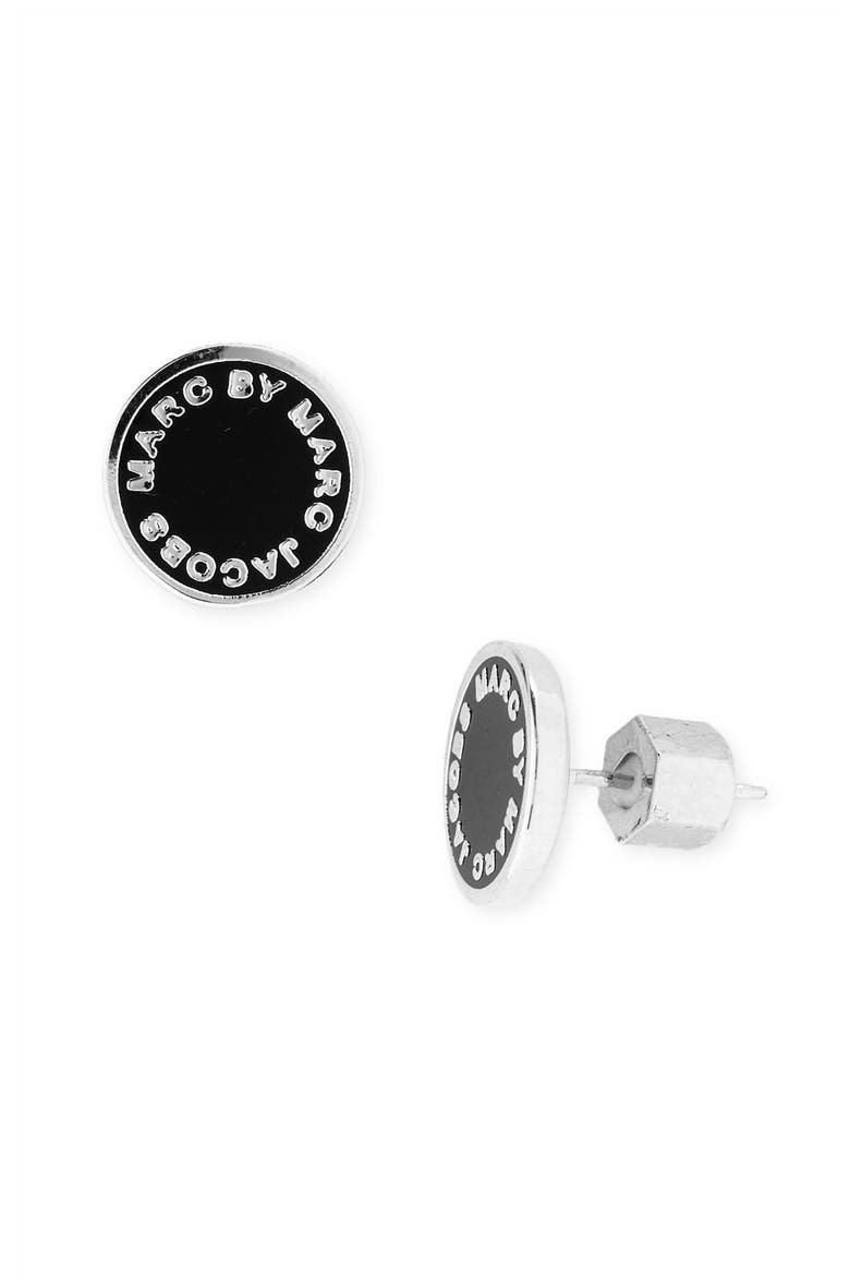 MARC JACOBS Enamel Logo Disc Earrings, Main, color, BLACK/ SILVER