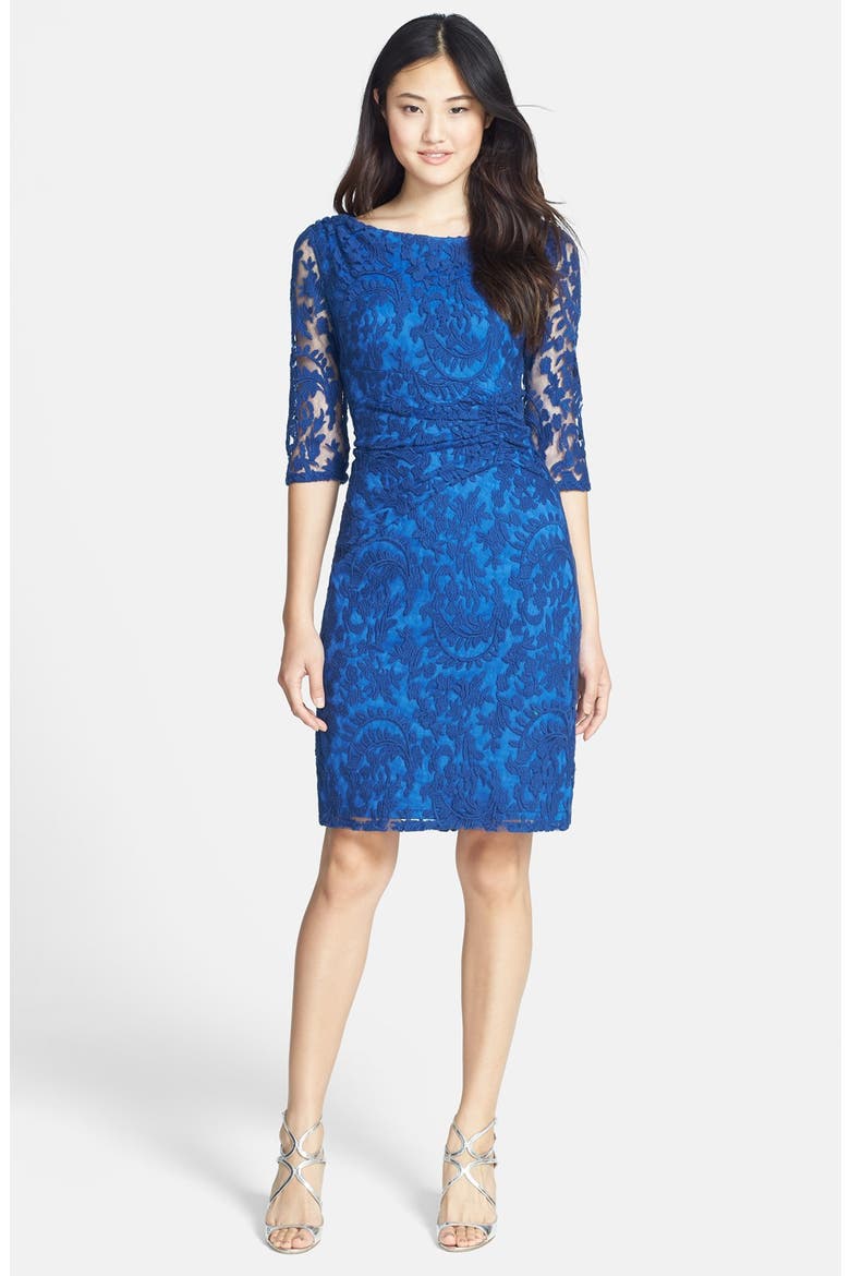Embroidered Mesh Ruched Sheath Dress, Alternate, color, NILE