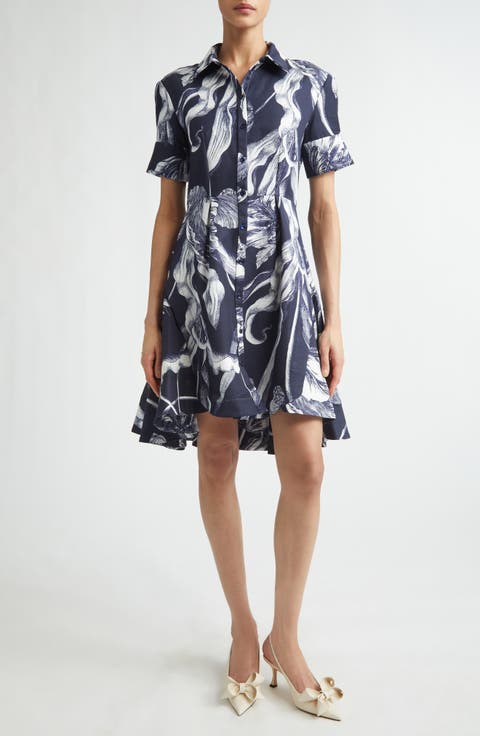 Tulip Print Pleated Faille Shirtdress