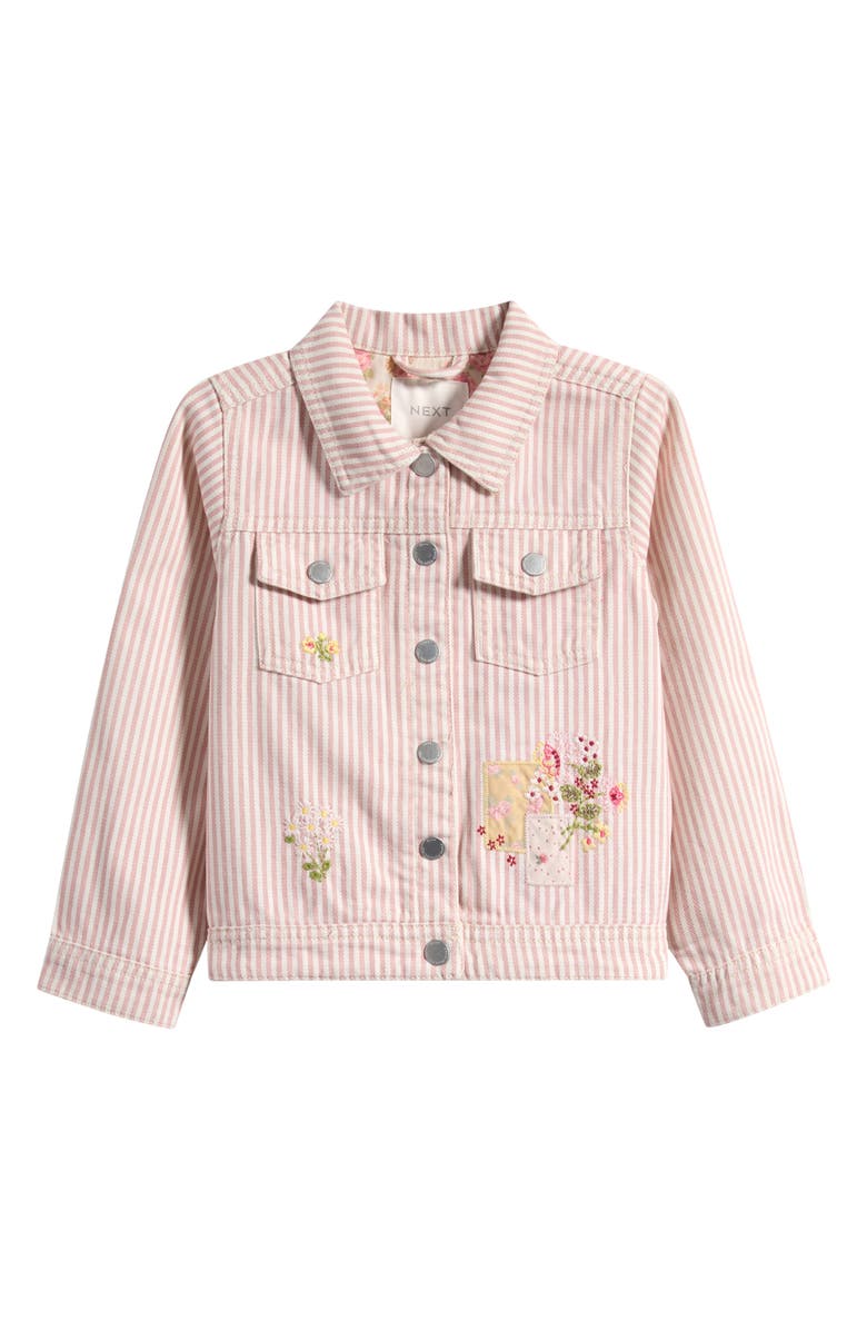 NEXT Kids' Embroidered Stripe Denim Jacket, Main, color, Pink
