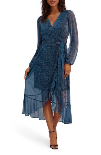 Kensie Long Sleeve Shimmer Knit Midi Dress In Icy Blue