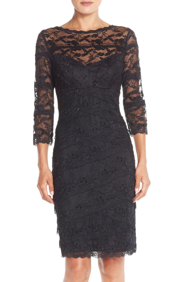 Tiered Embellished Lace Sheath Dress, Main, color, BLACK