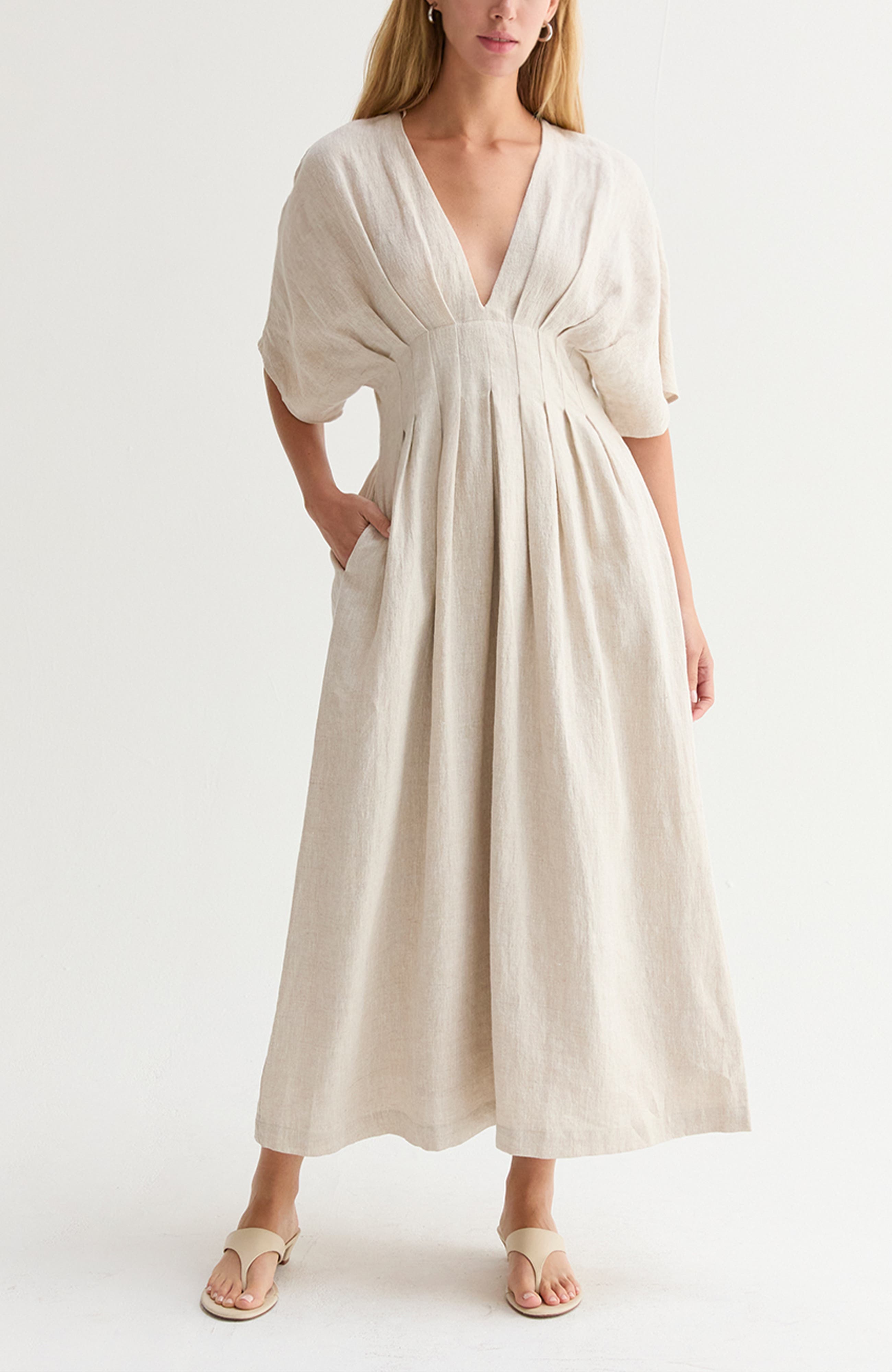 Pleated Linen Midi Dress