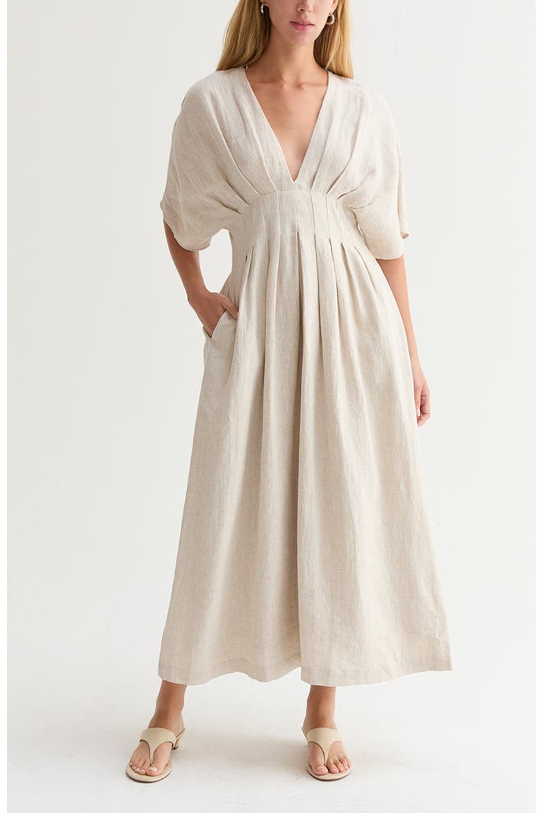 Pleated Linen Midi Dress, Main, color, Oatmeal